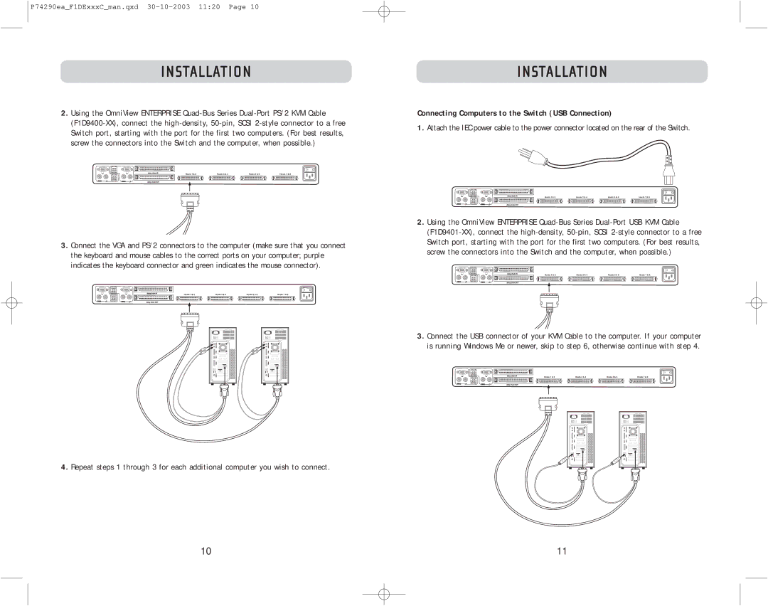 Belkin F1DE116C, F1DE208C, F1DE216C user manual Connecting Computers to the Switch USB Connection 