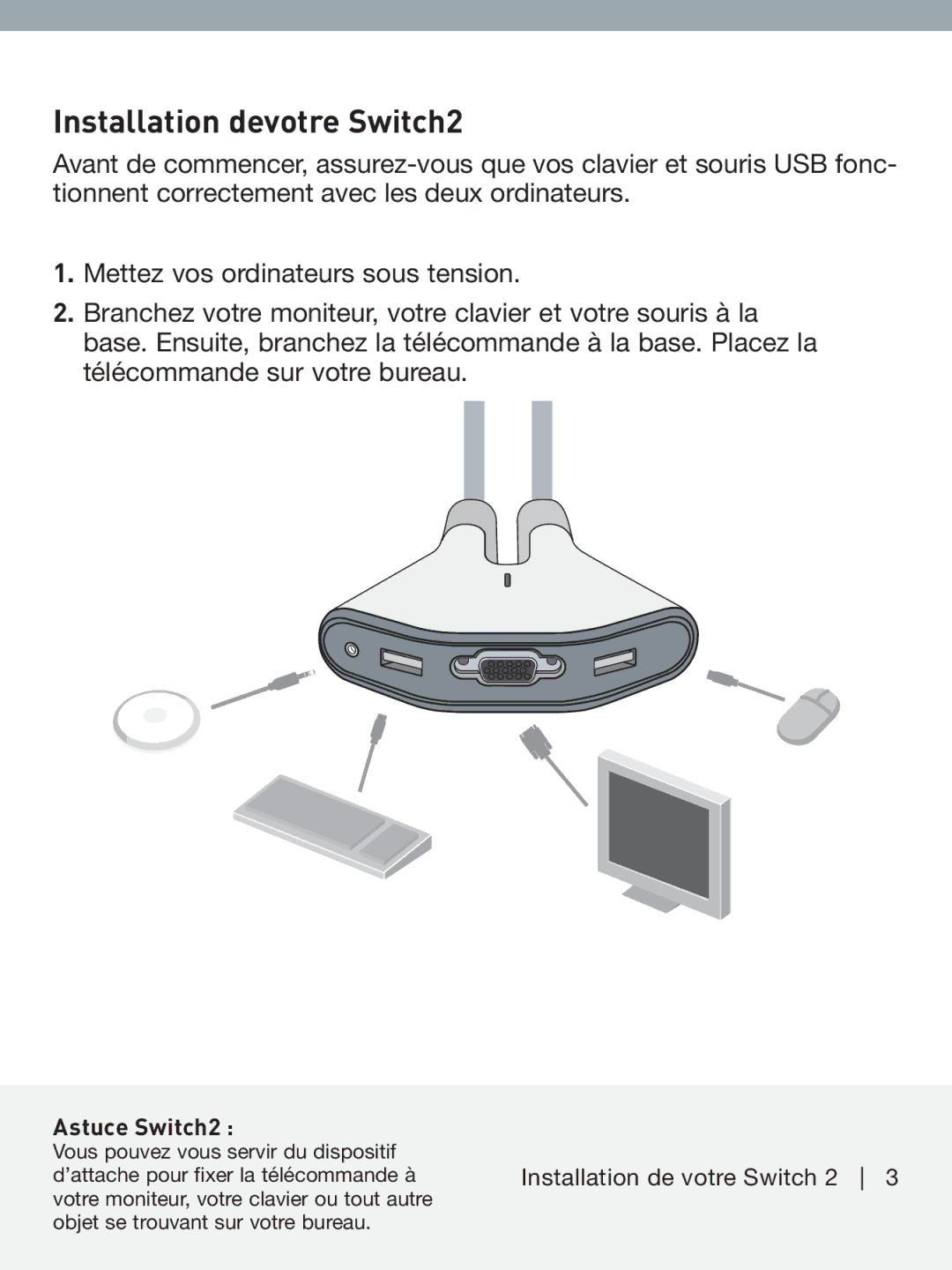 Belkin F1DF102UEA manual Installation devotre Switch2, Astuce Switch2 