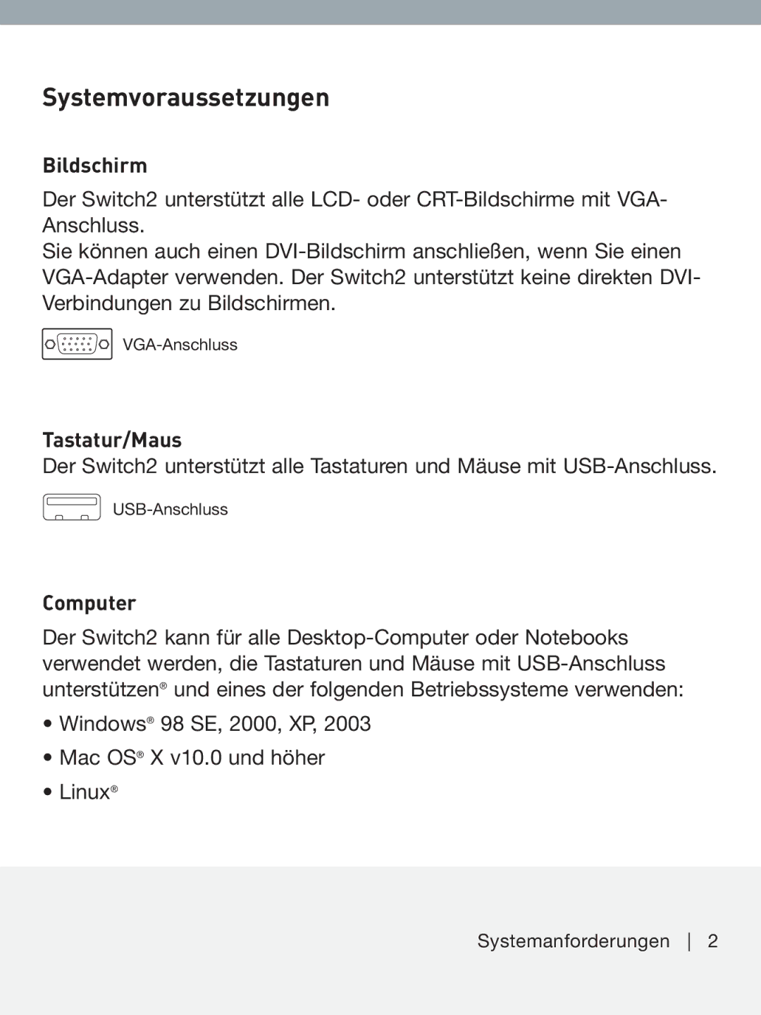 Belkin F1DF102UEA manual Systemvoraussetzungen, Bildschirm 