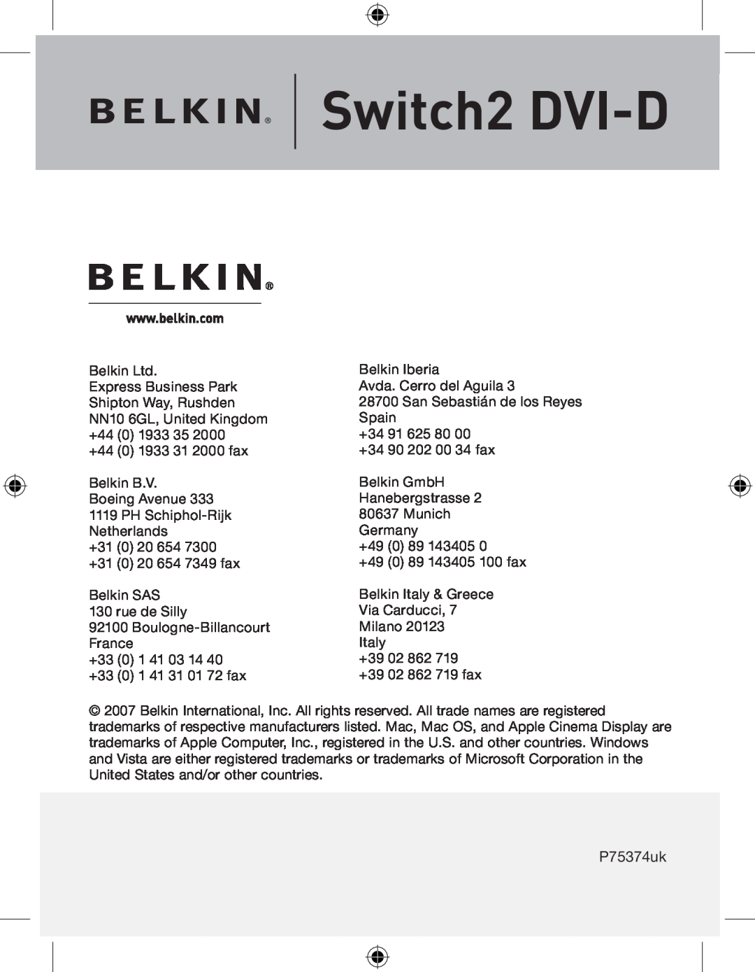 Belkin F1DG 102Duk manual Switch2 DVI-D, P75374uk 
