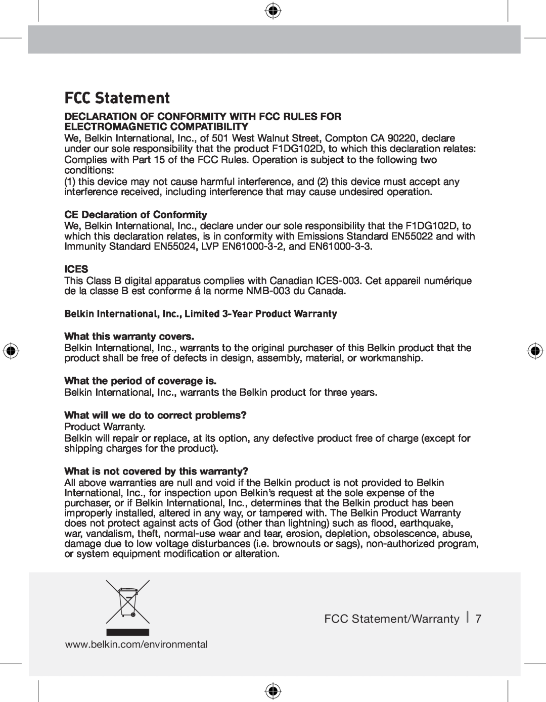 Belkin F1DG 102Duk FCC Statement/Warranty, Declaration Of Conformity With Fcc Rules For, Electromagnetic Compatibility 