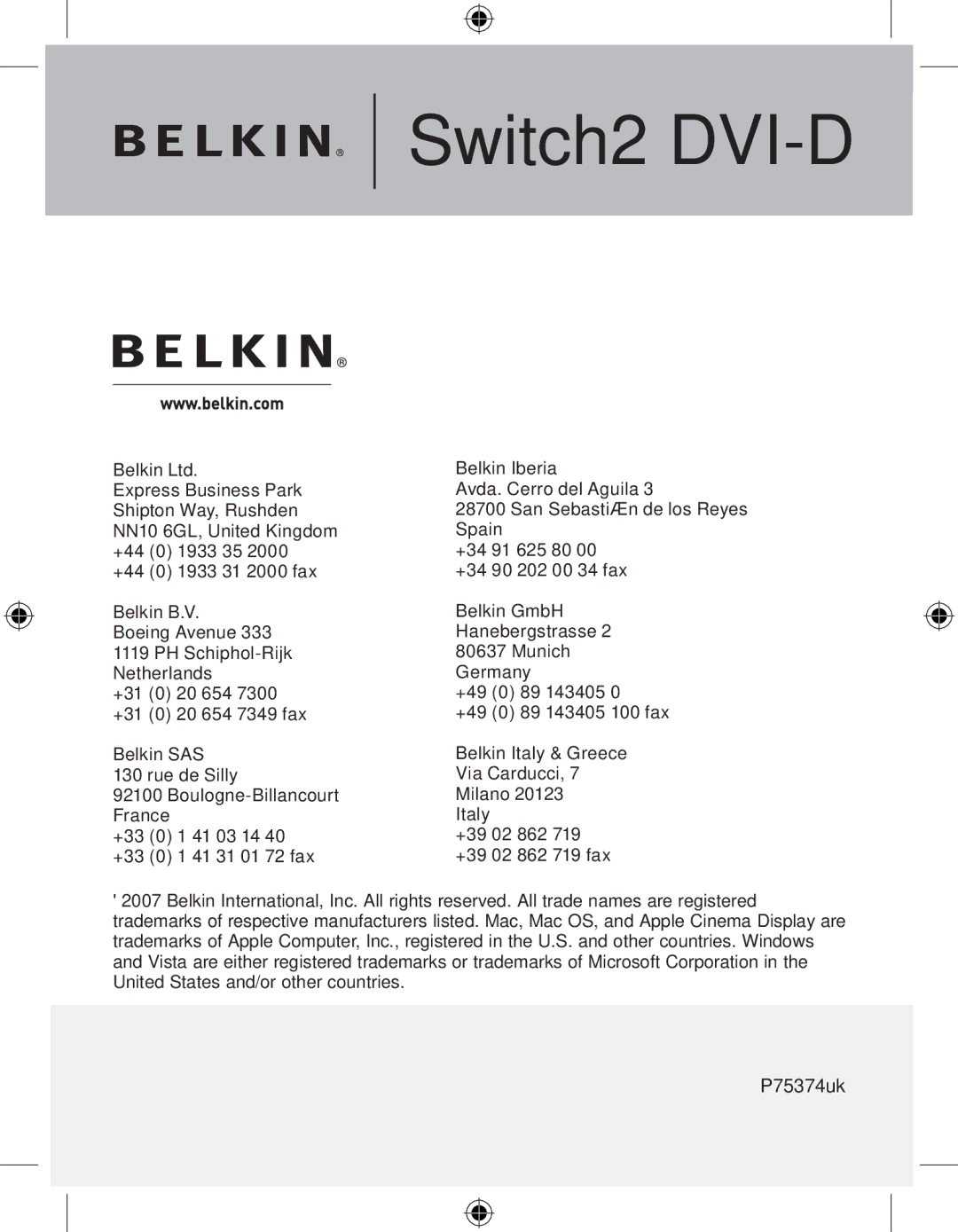 Belkin F1DG 102Duk manual P75374uk 