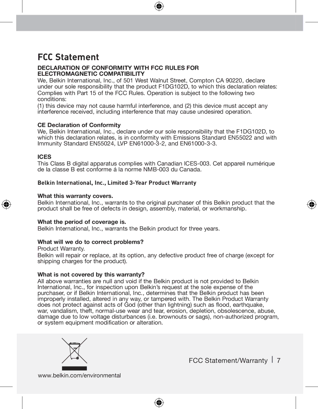 Belkin F1DG 102Duk manual FCC Statement 