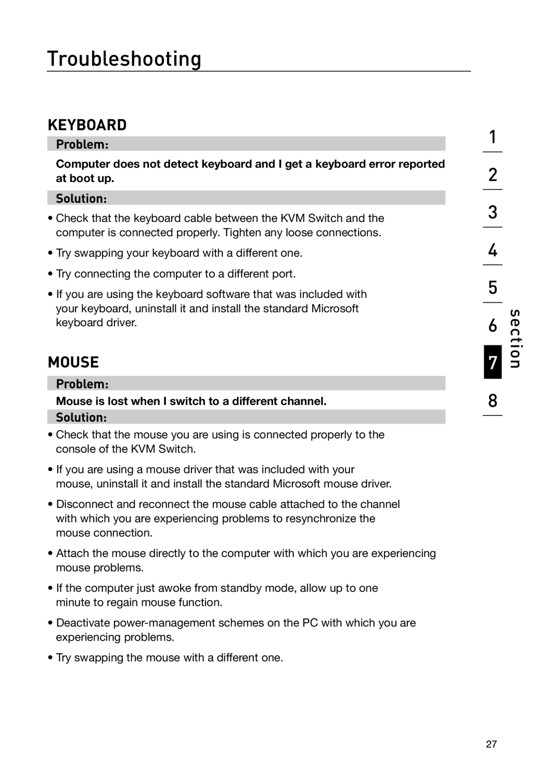 Belkin F1DH104L, F1DH102L user manual Keyboard, Mouse is lost when I switch to a different channel 