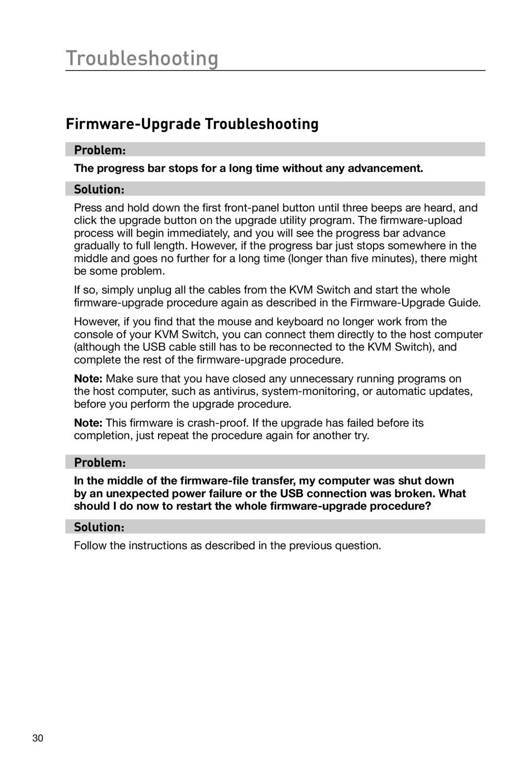 Belkin F1DH102L, F1DH104L Firmware-Upgrade Troubleshooting, Progress bar stops for a long time without any advancement 