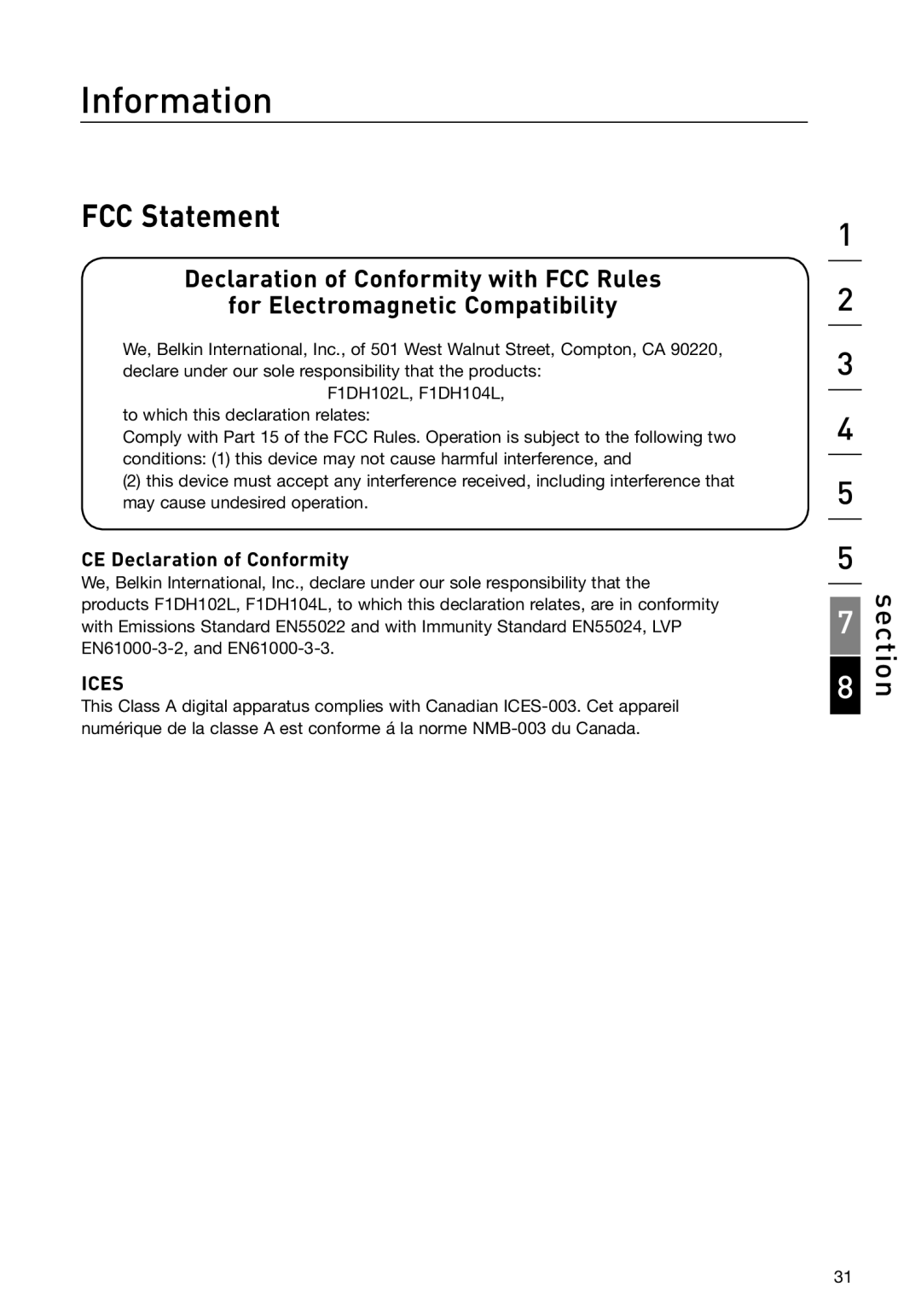 Belkin F1DH104L, F1DH102L user manual Information, FCC Statement, CE Declaration of Conformity 