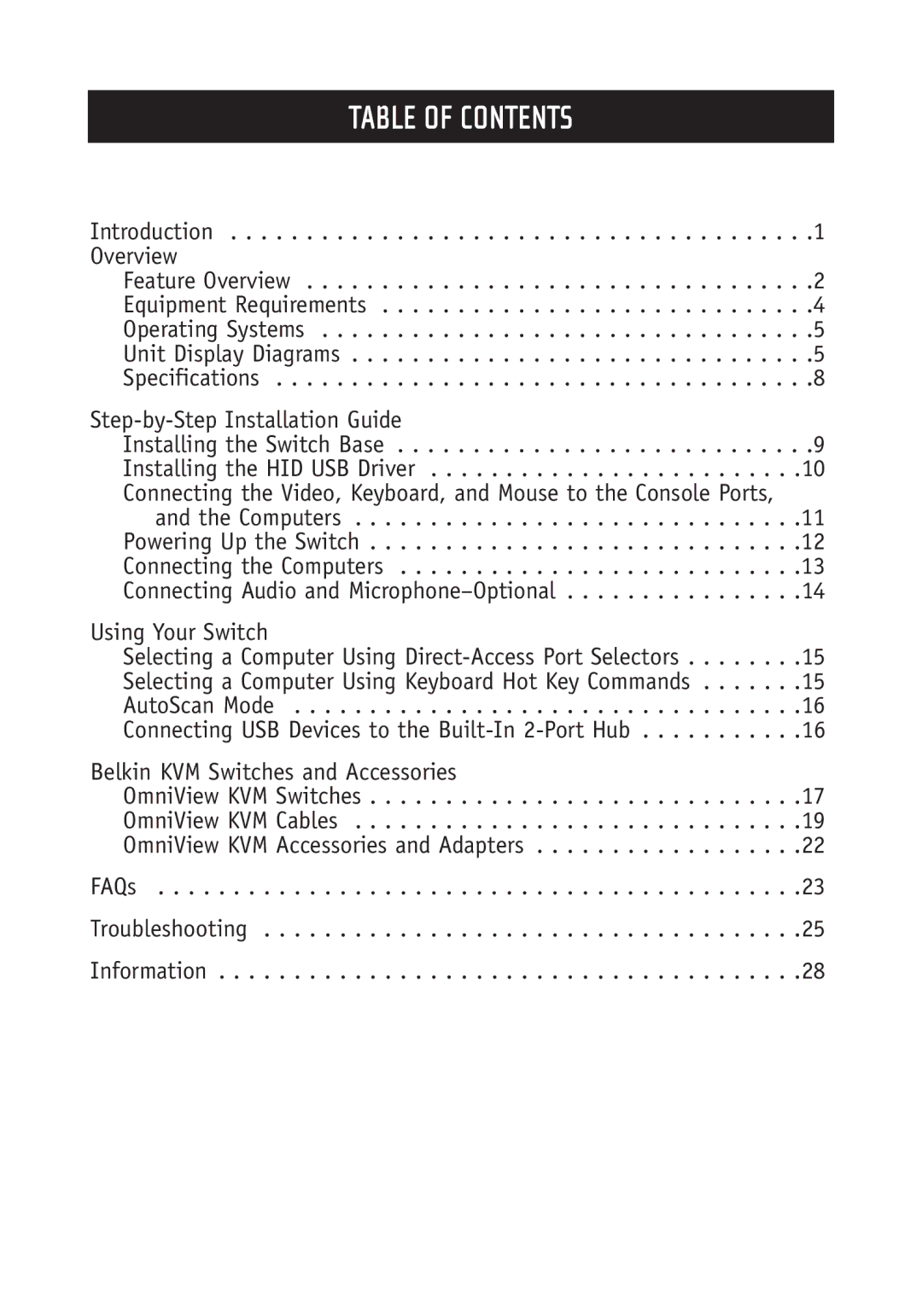 Belkin F1DH102U, F1DH104U user manual Table of Contents 