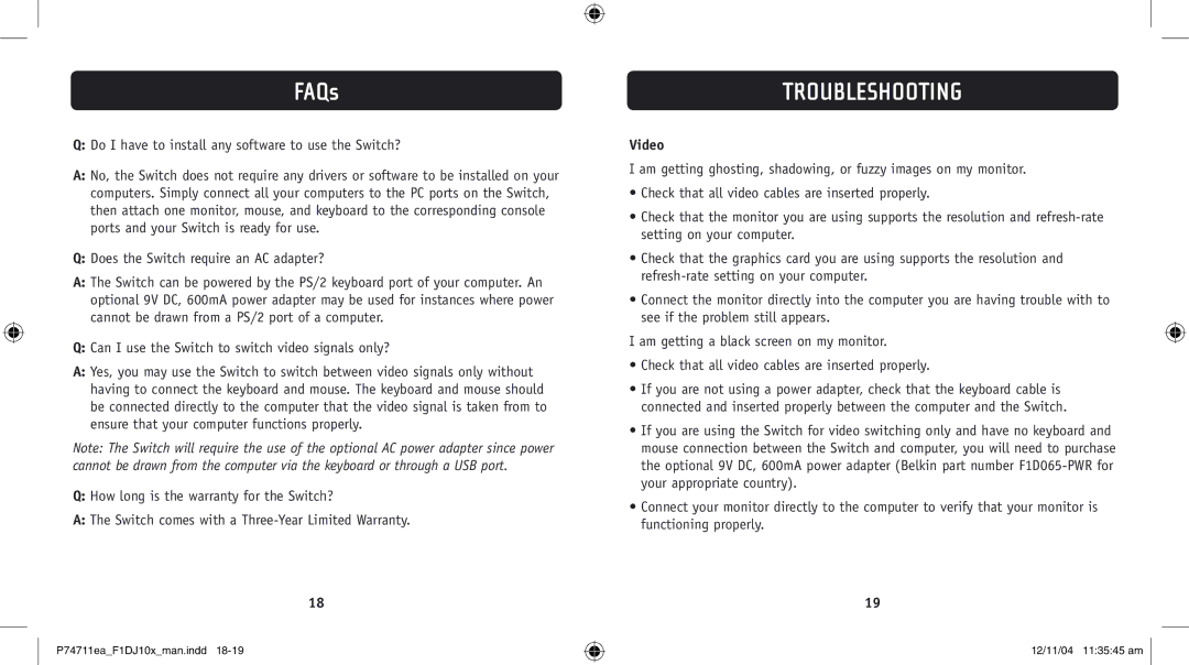 Belkin F1DJ104P-B, F1DJ102P-B user manual Troubleshooting, Video 