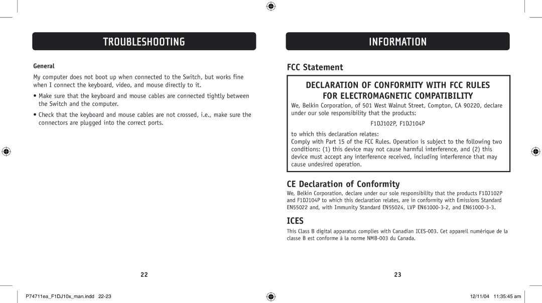 Belkin F1DJ104P-B, F1DJ102P-B user manual Information, FCC Statement, CE Declaration of Conformity, General 