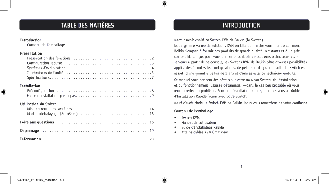 Belkin F1DJ102P-B, F1DJ104P-B user manual Table DES Matières, Présentation, Utilisation du Switch, Contenu de l’emballage 