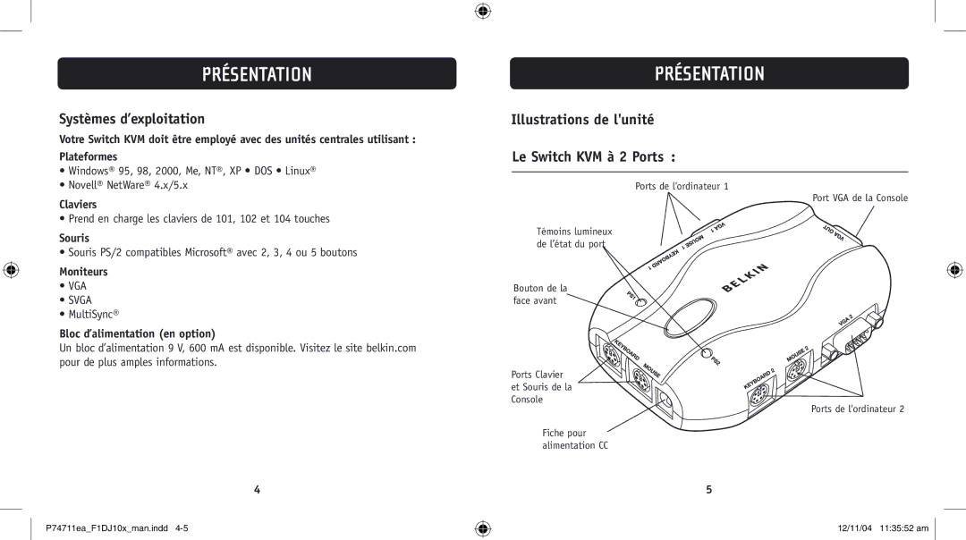 Belkin F1DJ102P-B, F1DJ104P-B user manual Illustrations de lunité Le Switch KVM à 2 Ports, Moniteurs 