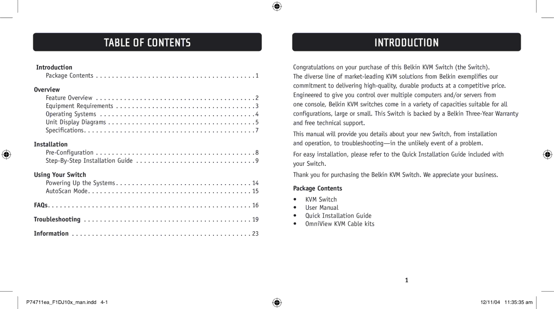 Belkin F1DJ102P-B, F1DJ104P-B user manual Table of Contents, Introduction 