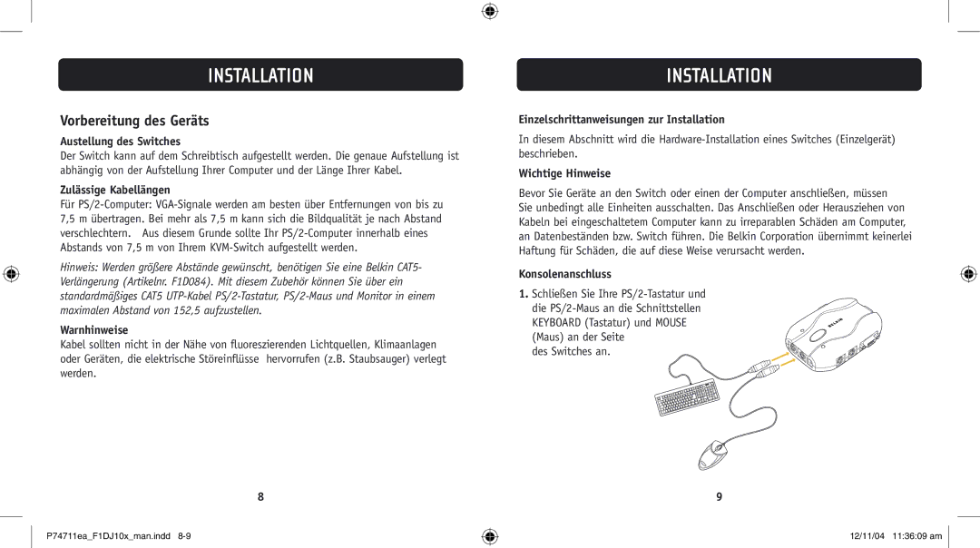 Belkin F1DJ102P-B, F1DJ104P-B user manual Vorbereitung des Geräts 