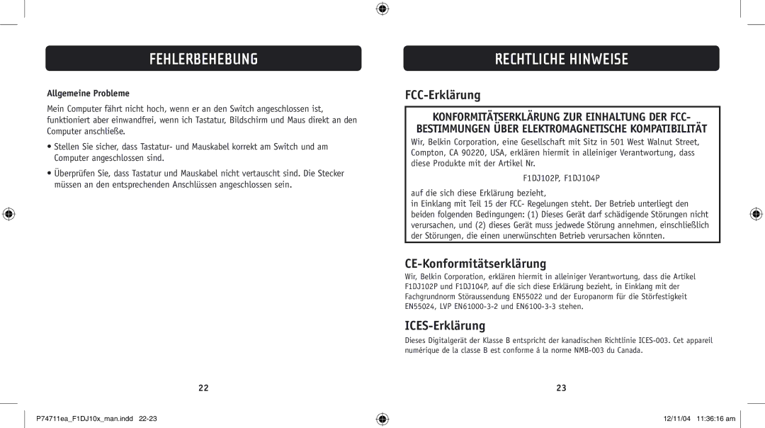 Belkin F1DJ104P-B Rechtliche Hinweise, FCC-Erklärung, CE-Konformitätserklärung, ICES-Erklärung, Allgemeine Probleme 