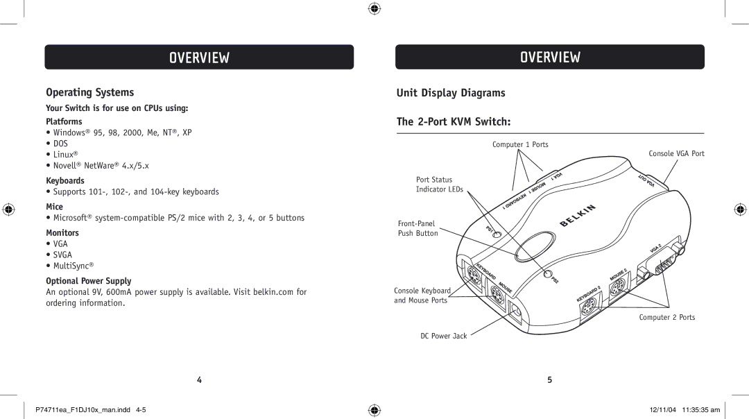 Belkin F1DJ102P-B, F1DJ104P-B user manual Operating Systems, Unit Display Diagrams 2-Port KVM Switch 