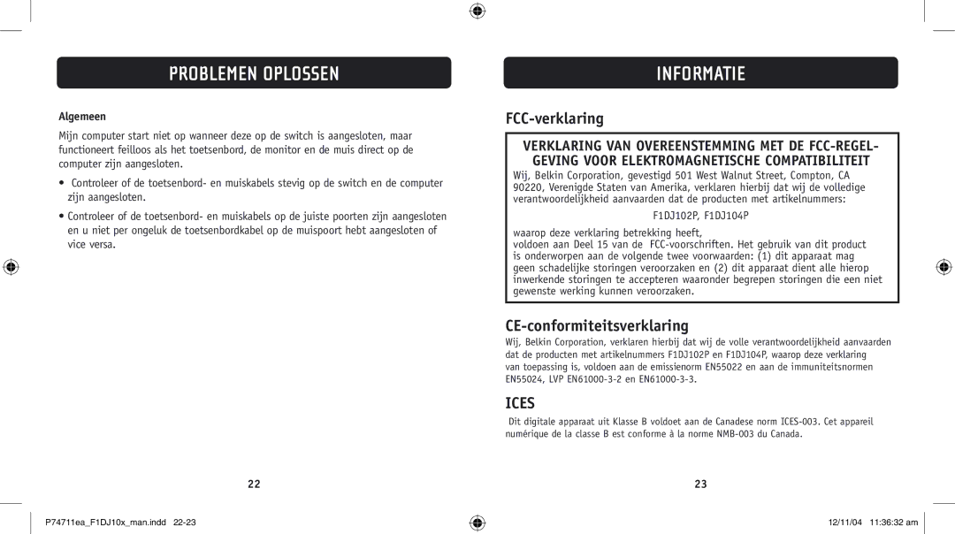 Belkin F1DJ104P-B, F1DJ102P-B user manual Informatie, FCC-verklaring, CE-conformiteitsverklaring, Algemeen 