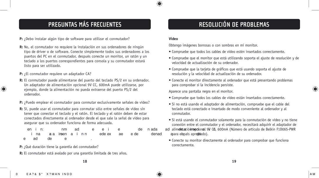 Belkin F1DJ104P-B, F1DJ102P-B user manual Resolución DE Problemas, Vídeo 