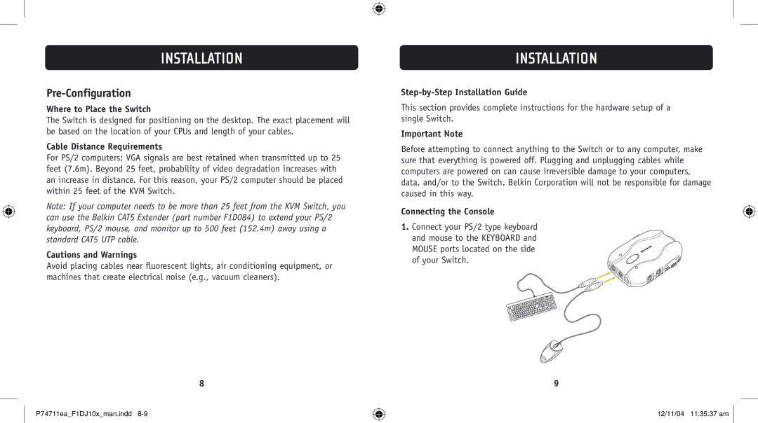 Belkin F1DJ102P-B, F1DJ104P-B user manual Installation, Pre-Configuration 