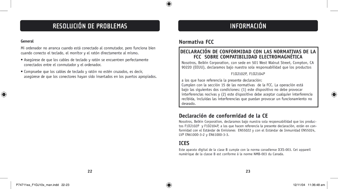 Belkin F1DJ104P-B, F1DJ102P-B user manual Información, Normativa FCC, Declaración de conformidad de la CE 