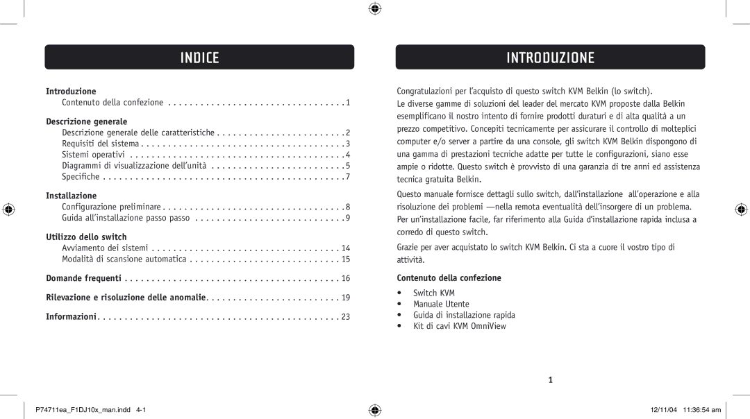 Belkin F1DJ102P-B, F1DJ104P-B user manual Indice, Introduzione 