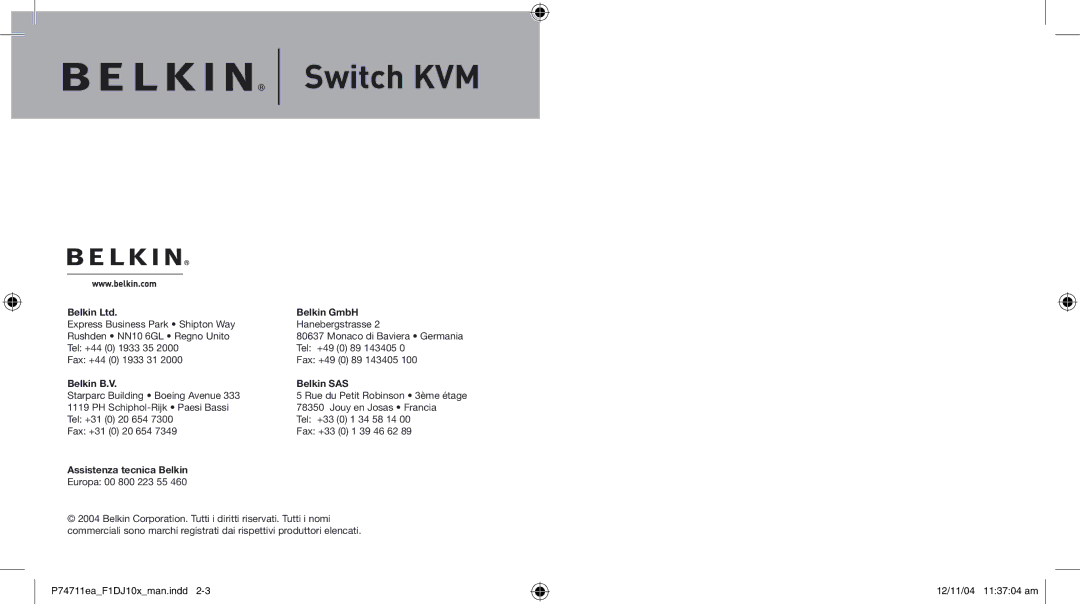 Belkin F1DJ104P-B, F1DJ102P-B user manual Assistenza tecnica Belkin 