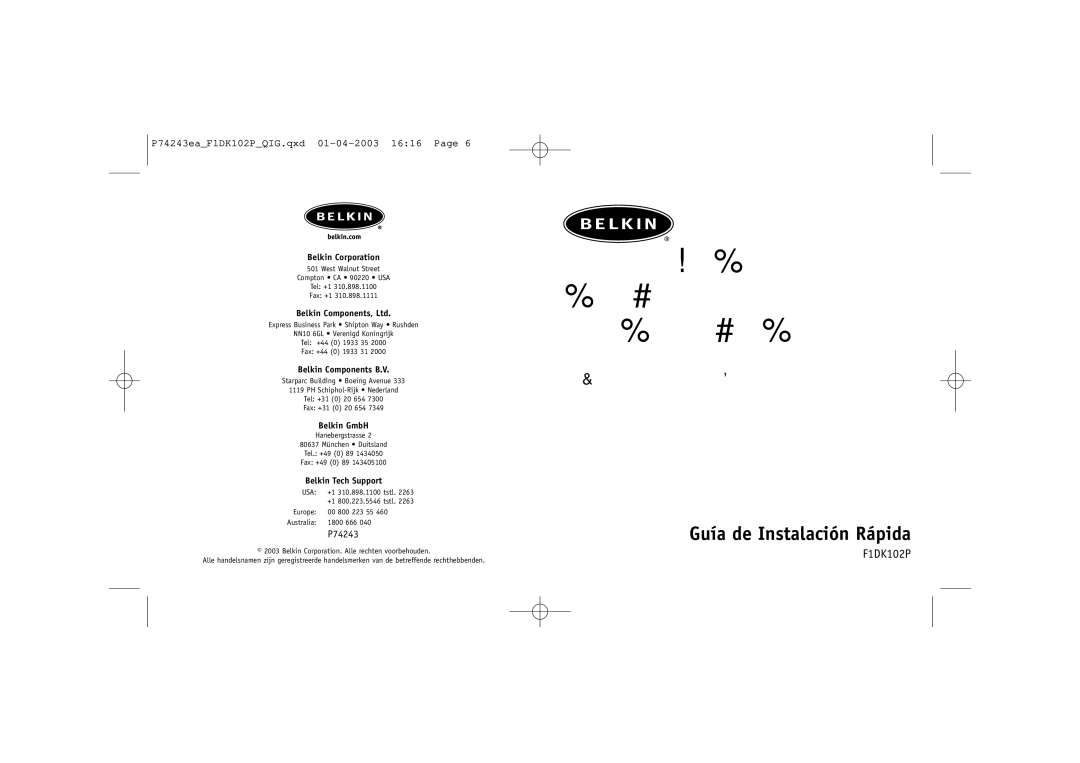 Belkin manual Guía de Instalación Rápida, P74243eaF1DK102PQIG.qxd 01-04-2003 1616 