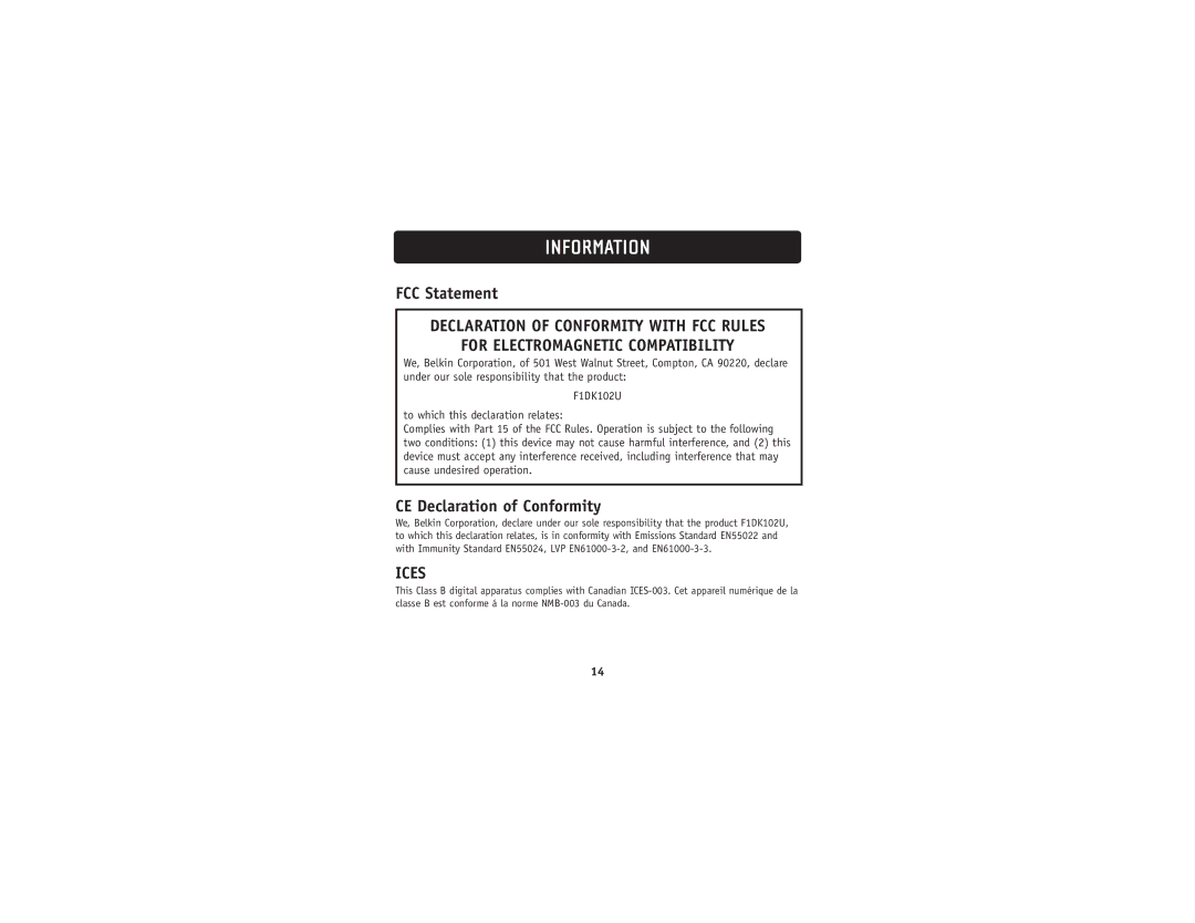 Belkin F1DK102U user manual Information, For Electromagnetic Compatibility 