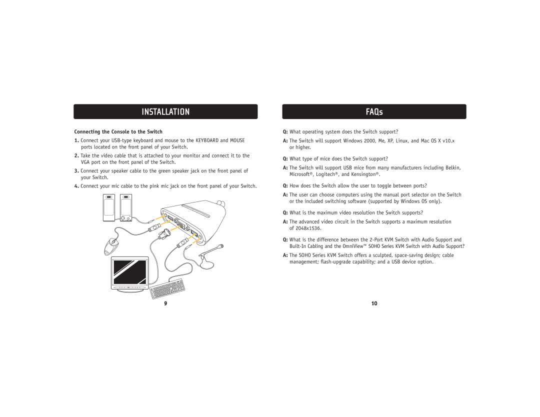 Belkin F1DL102 user manual FAQs, Installation, Connecting the Console to the Switch 
