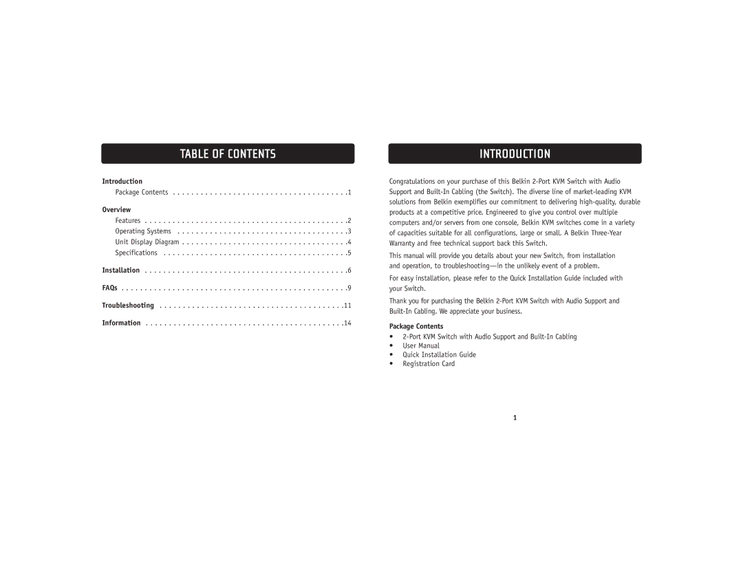 Belkin F1DL102 user manual Table of Contents, Introduction 