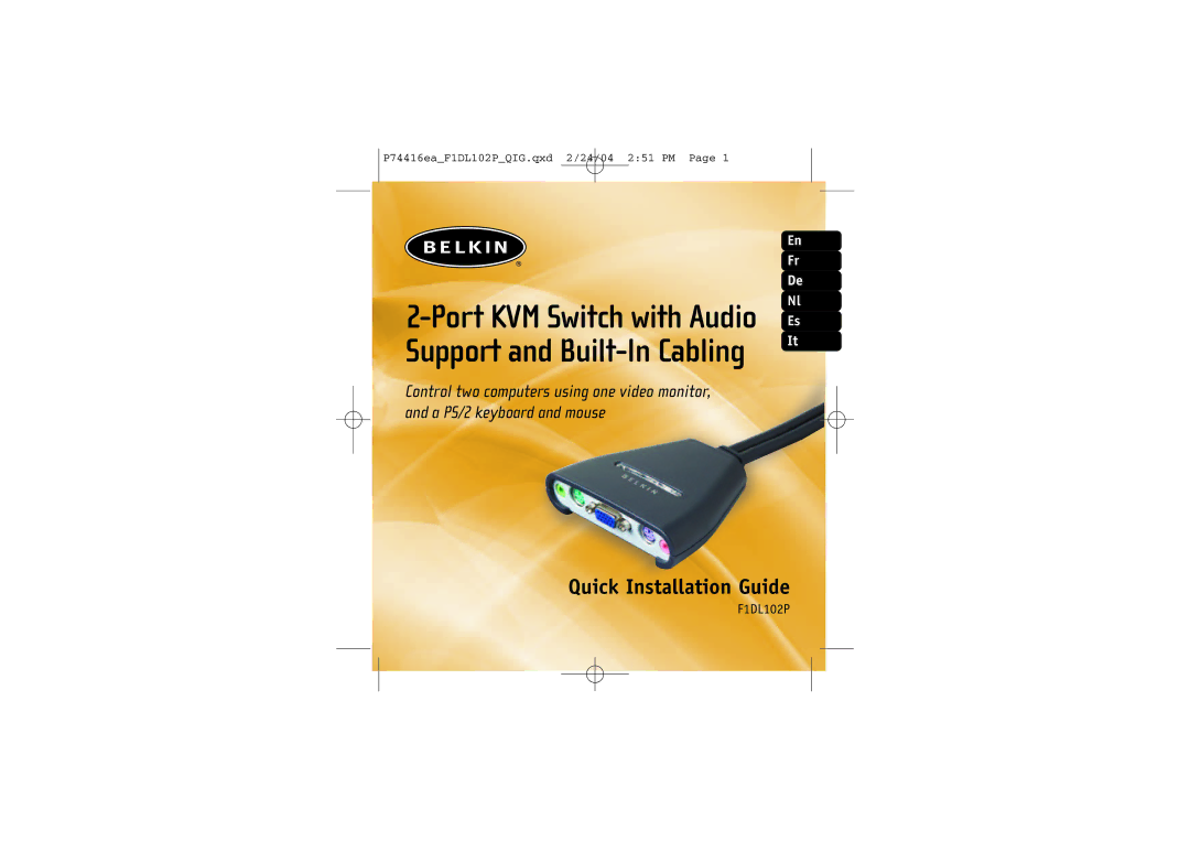 Belkin F1DL102P manual Port KVM Switch with Audio Support and Built-In Cabling, Quick Installation Guide 