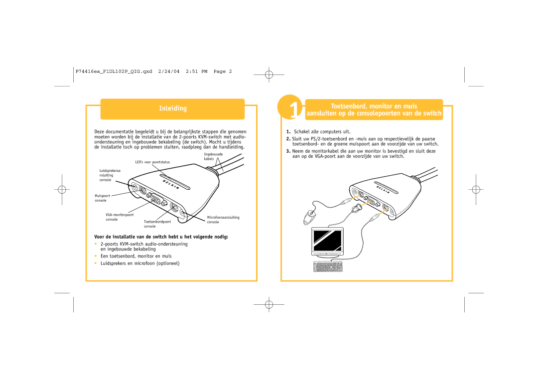 Belkin F1DL102P manual Inleiding, Schakel alle computers uit 