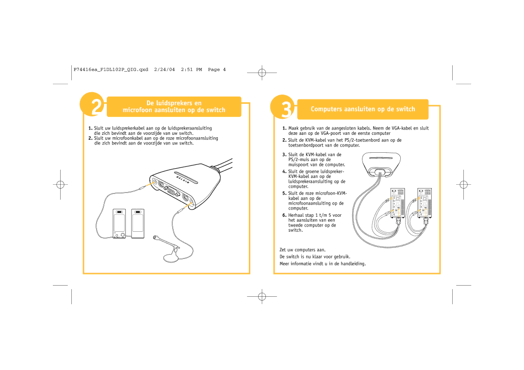 Belkin F1DL102P manual De luidsprekers en, Computers aansluiten op de switch, Microfoon aansluiten op de switch 