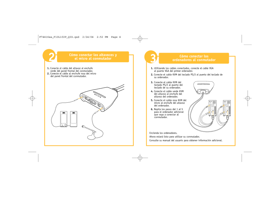 Belkin F1DL102P manual El micro al conmutador, Conecte el cable verde KVM 