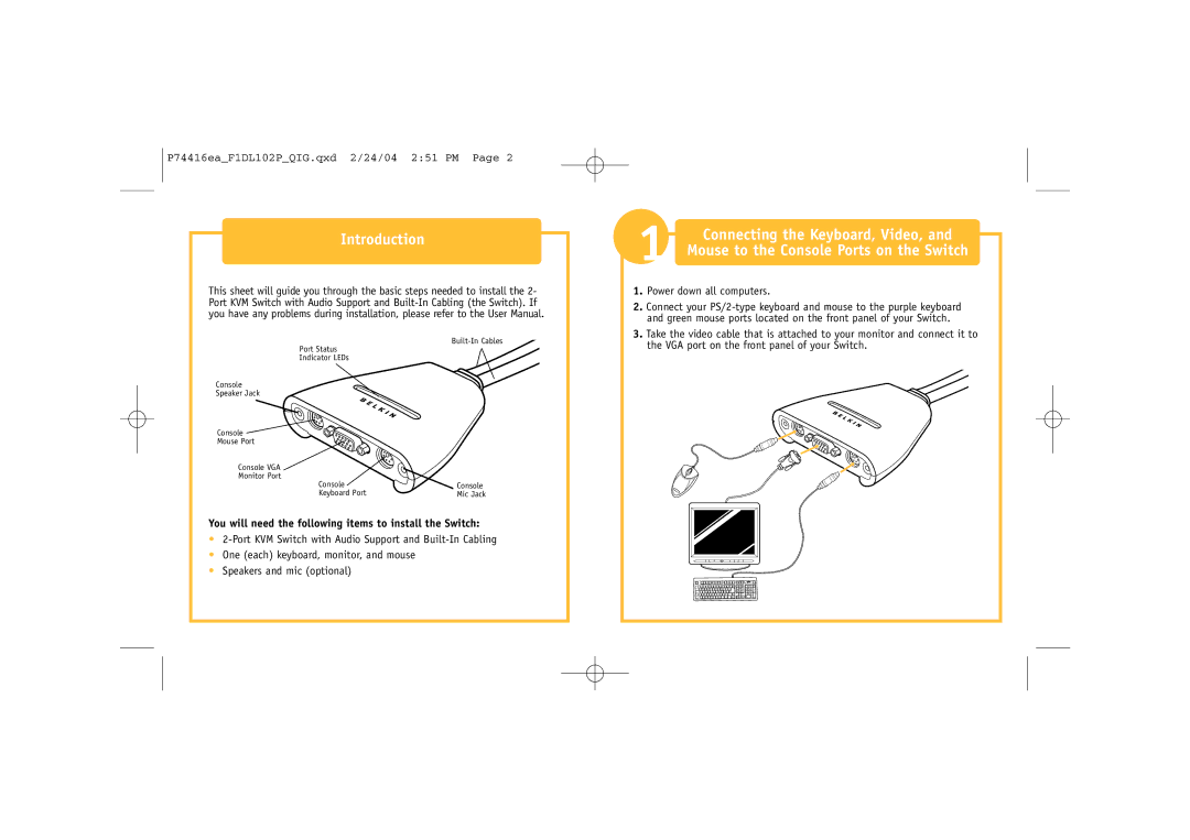 Belkin F1DL102P manual Introduction, Connecting the Keyboard, Video, Mouse to the Console Ports on the Switch 