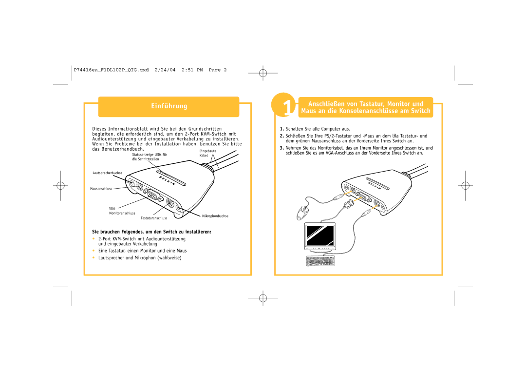 Belkin F1DL102P manual Einführung, Anschließen von Tastatur, Monitor und, Schalten Sie alle Computer aus 