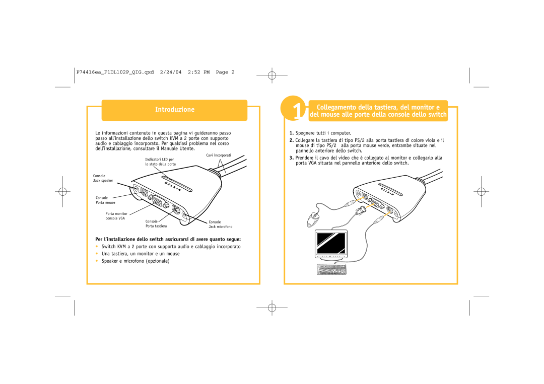 Belkin F1DL102P manual Introduzione, Per l’installazione dello switch assicurarsi di avere quanto segue 