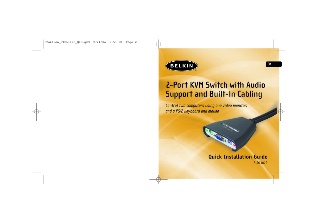 Belkin F1DL102P manual Port KVM Switch with Audio Support and Built-In Cabling, Quick Installation Guide 