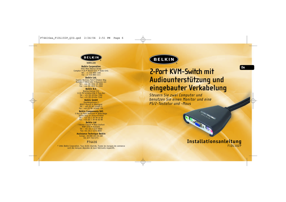 Belkin F1DL102P manual Port KVM-Switch mit Audiounterstützung und eingebauter Verkabelung, Installationsanleitung, P74416 