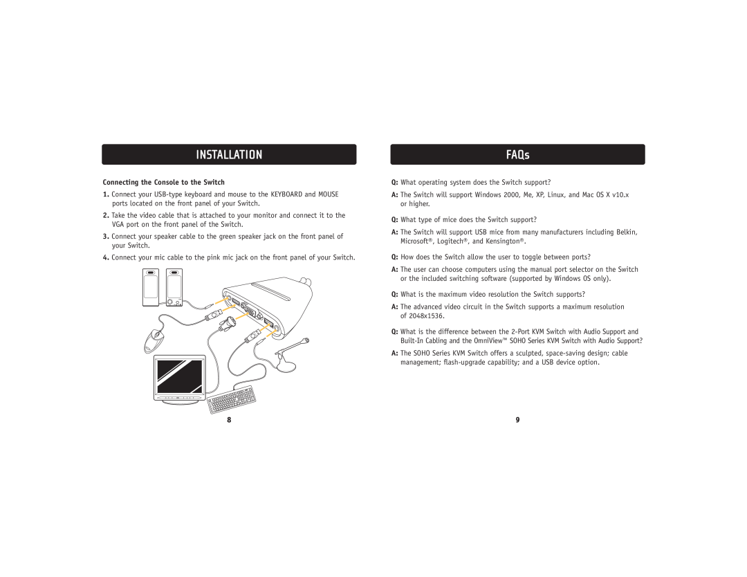 Belkin F1DL102UTT user manual FAQs, Installation, Connecting the Console to the Switch 