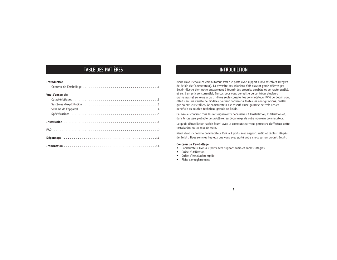 Belkin F1DL102UTT user manual Table DES Matières, Introduction, Vue d’ensemble, Contenu de l’emballage 