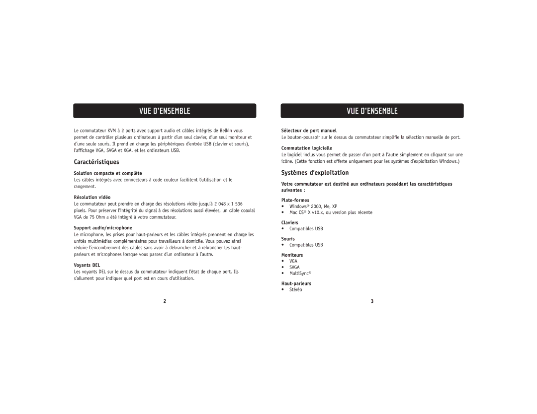 Belkin F1DL102UTT user manual Vue D’Ensemble, Caractéristiques, Systèmes d’exploitation 