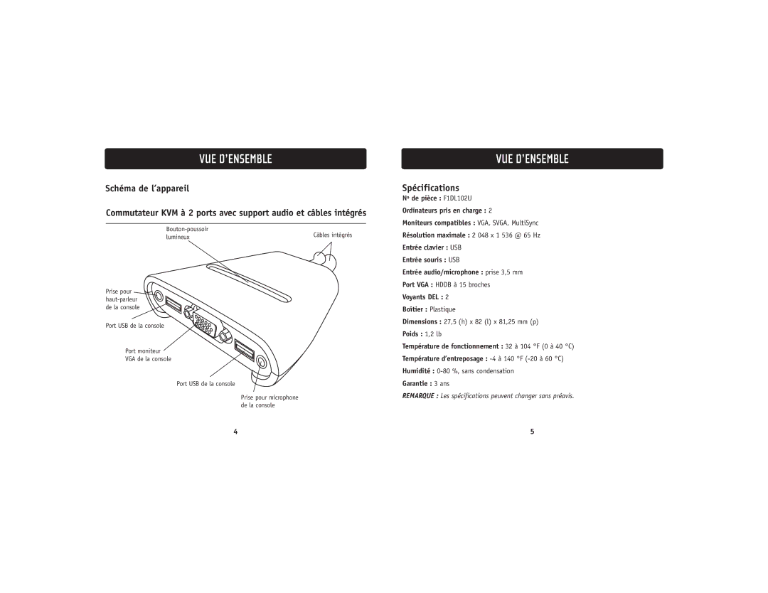 Belkin F1DL102UTT user manual Schéma de l’appareil, Spécifications, Voyants DEL Boîtier Plastique, Garantie 3 ans 