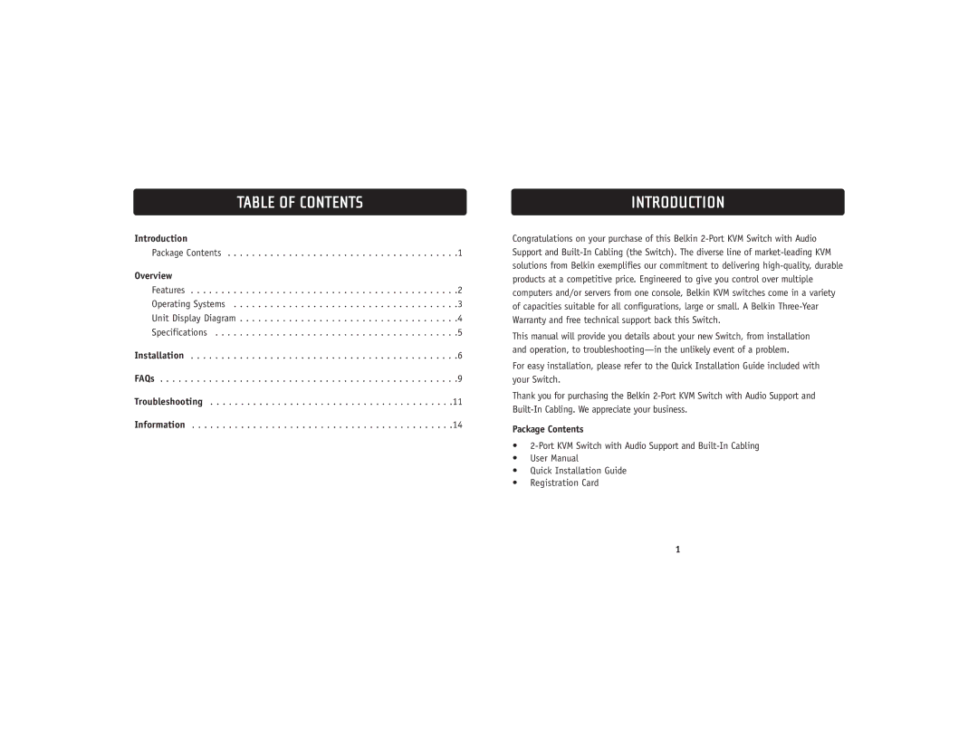 Belkin F1DL102UTT user manual Table of Contents, Introduction 