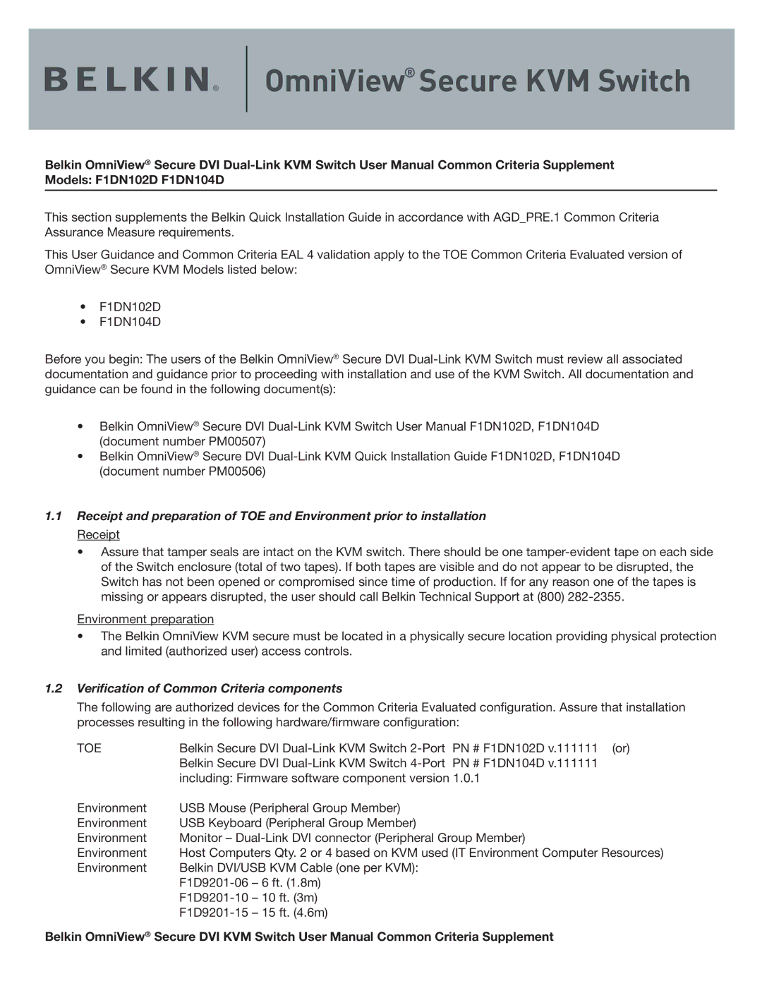 Belkin F1DN104D, F1DN102D user manual OmniView Secure KVM Switch, Verification of Common Criteria components, Toe 