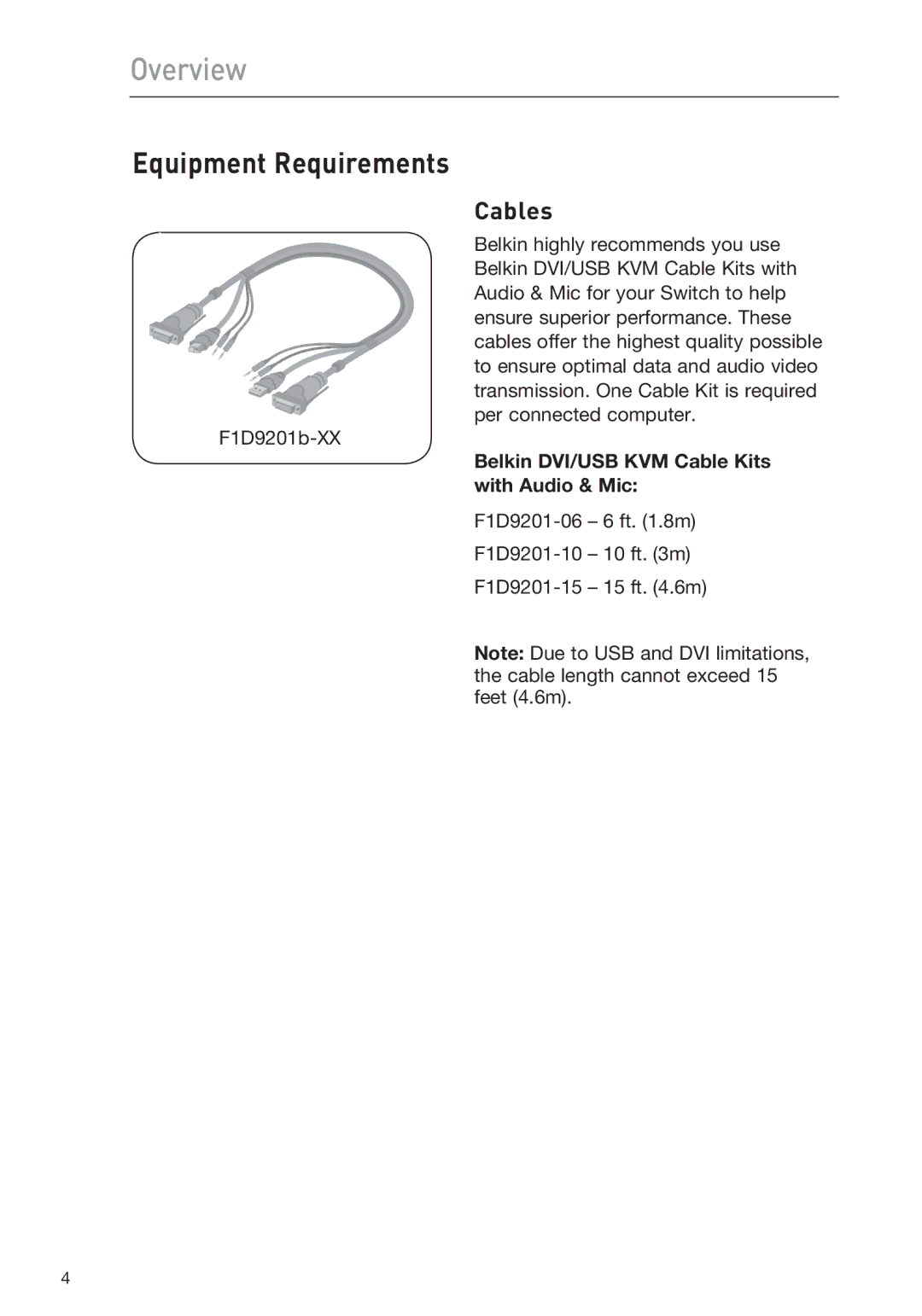 Belkin F1DN102DEA, F1DN104DEA user manual Equipment Requirements, Cables, Belkin DVI/USB KVM Cable Kits with Audio & Mic 