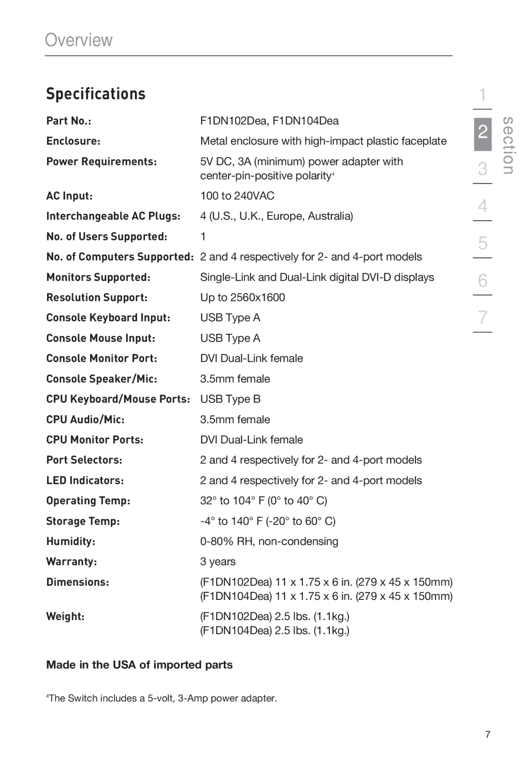 Belkin F1DN104DEA, F1DN102DEA user manual Specifications 