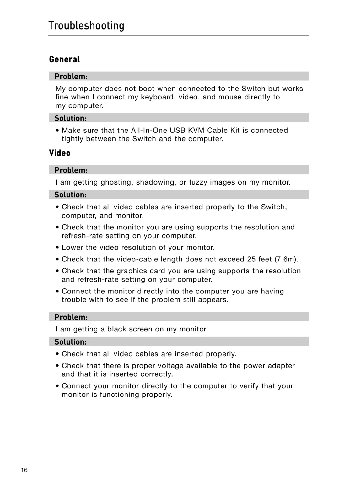 Belkin F1DN102U manual Troubleshooting, General, Video 