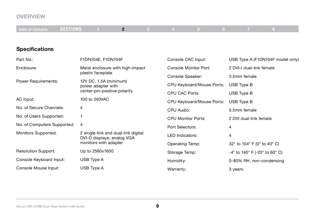 Belkin F1DN104F, F1DN104E user manual Specifications 