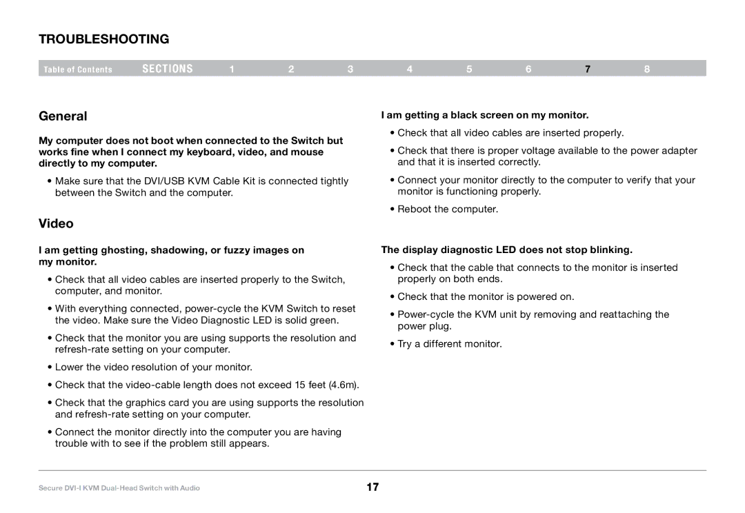 Belkin F1DN104F, F1DN104E user manual Troubleshooting, General, Video, Am getting a black screen on my monitor 