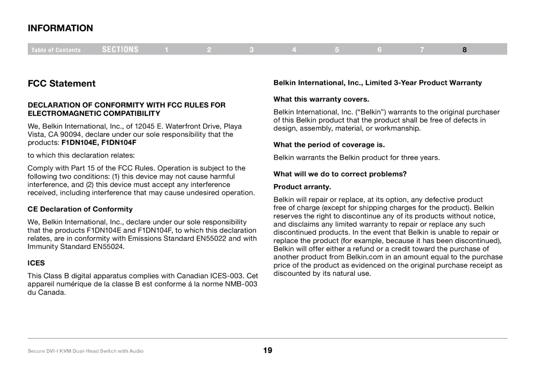 Belkin F1DN104F, F1DN104E Information, FCC Statement, CE Declaration of Conformity, What the period of coverage is 